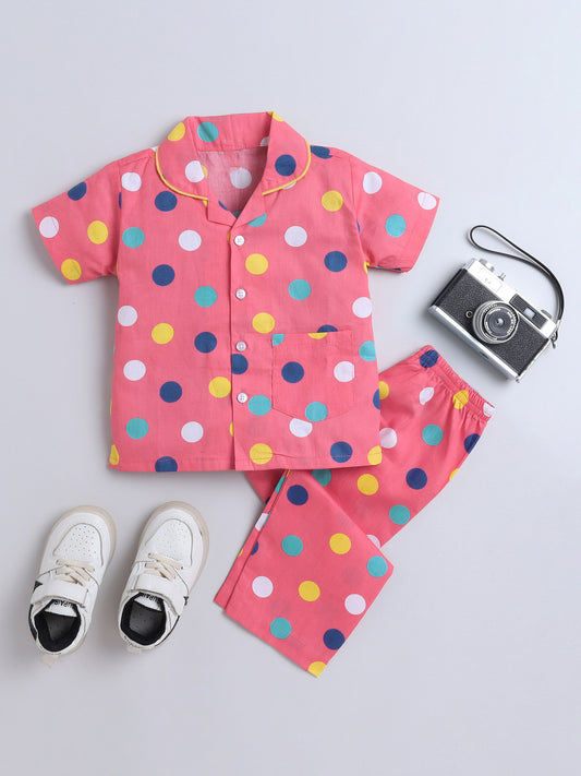 Half Sleeves Polka Dot Printed Night Suit Set Pink