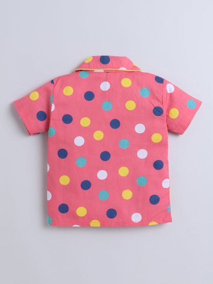 Half Sleeves Polka Dot Printed Night Suit Set Pink