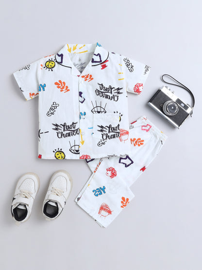 Half Sleeves Arrow Printed Night Suit Set White