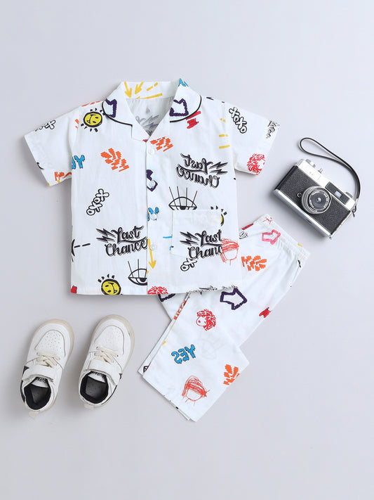 Half Sleeves Arrow Printed Night Suit Set White