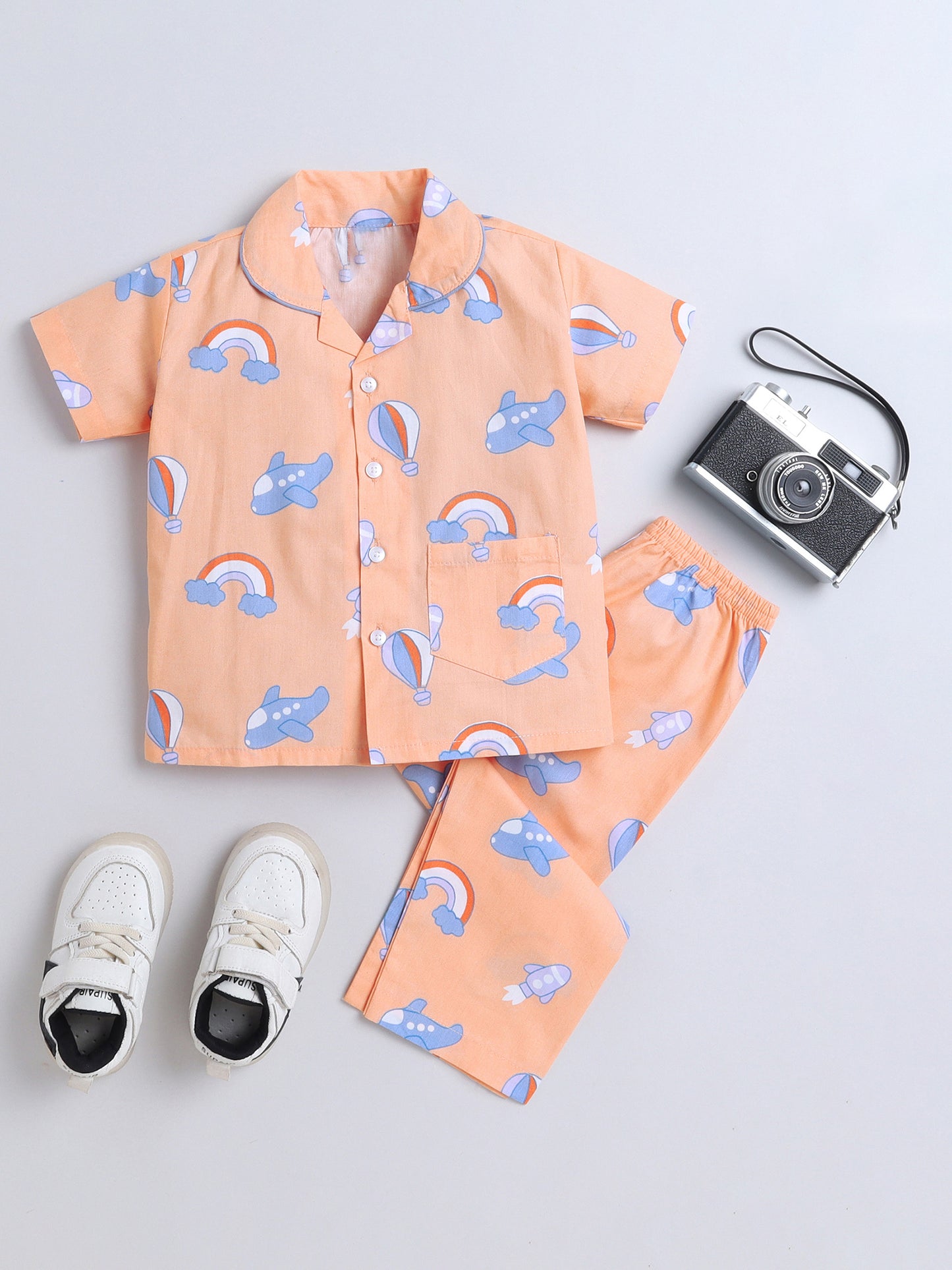 Half Sleeves Rainbow Printed Night Suit Set Peach