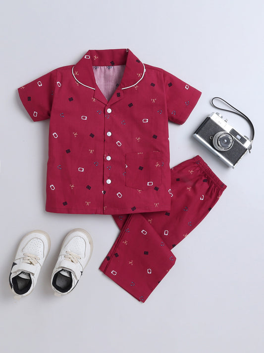 Half Sleeves Notched lapel Printed Night Suit Set Red