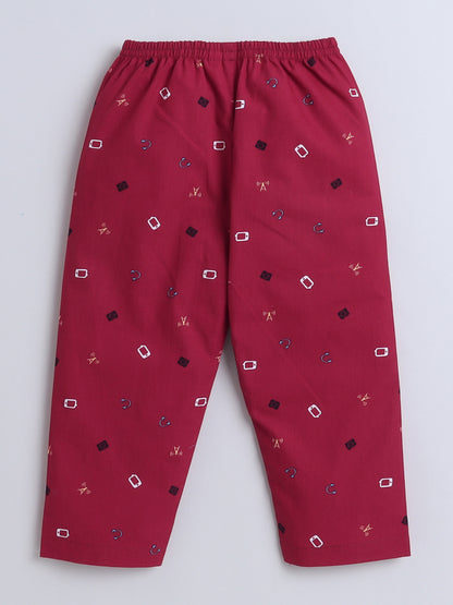 Half Sleeves Notched lapel Printed Night Suit Set Red