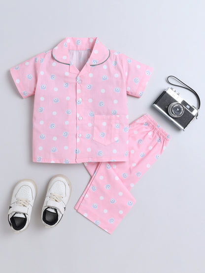Half Sleeves Polka Dot Printed Night Suit Set Pink-ns