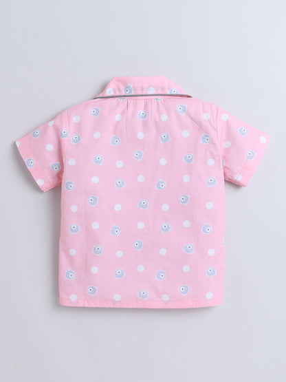 Cotton Woven Half Sleeves Bear & Polka Dots Printed Coordinating Night Suit Set - Pink