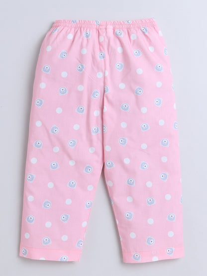 Cotton Woven Half Sleeves Bear & Polka Dots Printed Coordinating Night Suit Set - Pink