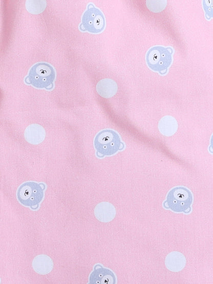 Cotton Woven Half Sleeves Bear & Polka Dots Printed Coordinating Night Suit Set - Pink