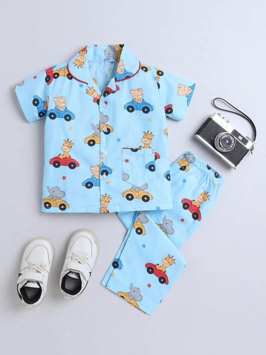 Half Sleeves Car Printed Night Suit Set Blue