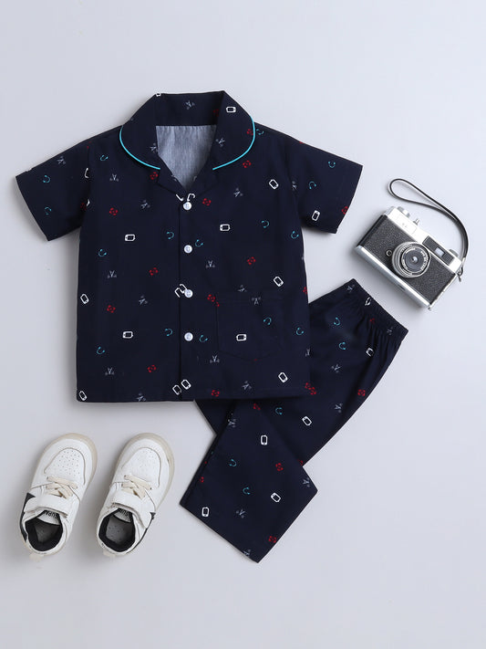 Half Sleeves Cubic Printed Night Suit Set Navy Blue