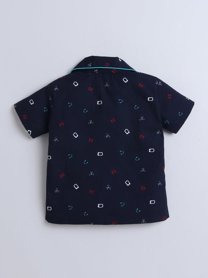 Half Sleeves Cubic Printed Night Suit Set Navy Blue