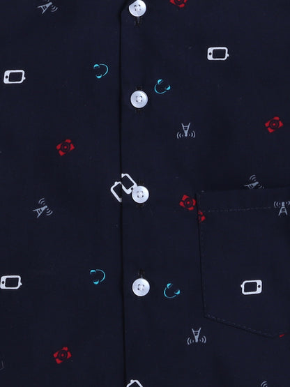 Half Sleeves Cubic Printed Night Suit Set Navy Blue