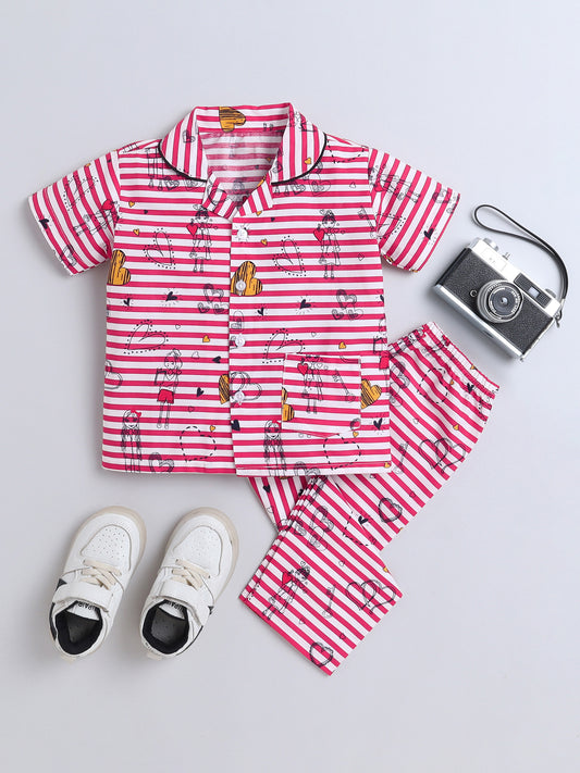 Half Sleeves Aquatic Animal Printed Night Suit Set Red