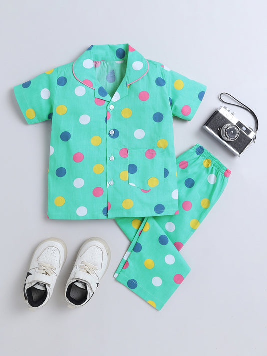 Half Sleeves Polka Dot Printed Night Suit Set Green