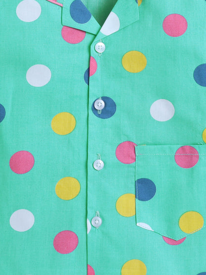Half Sleeves Polka Dot Printed Night Suit Set Green