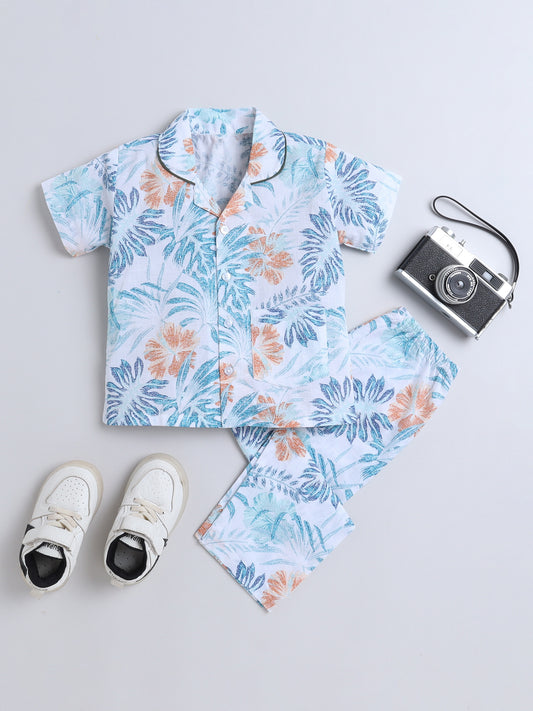 Half Sleeves Leaf Printed Night Suit Set White