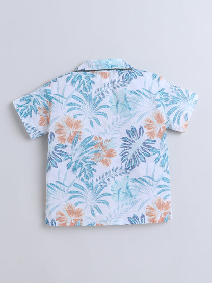 Half Sleeves Leaf Printed Night Suit Set White