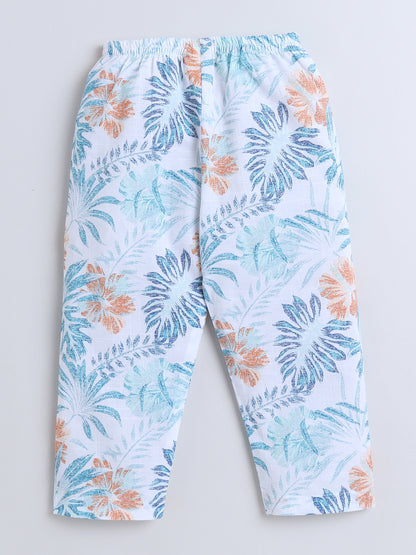 Half Sleeves Leaf Printed Night Suit Set White