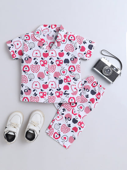 Half Sleeves Apple Printed Night Suit Set White