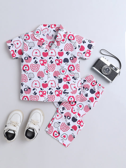 Half Sleeves Apple Printed Night Suit Set White