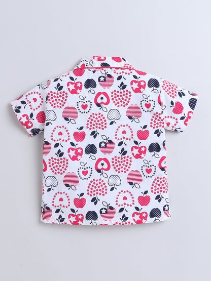 Half Sleeves Apple Printed Night Suit Set White