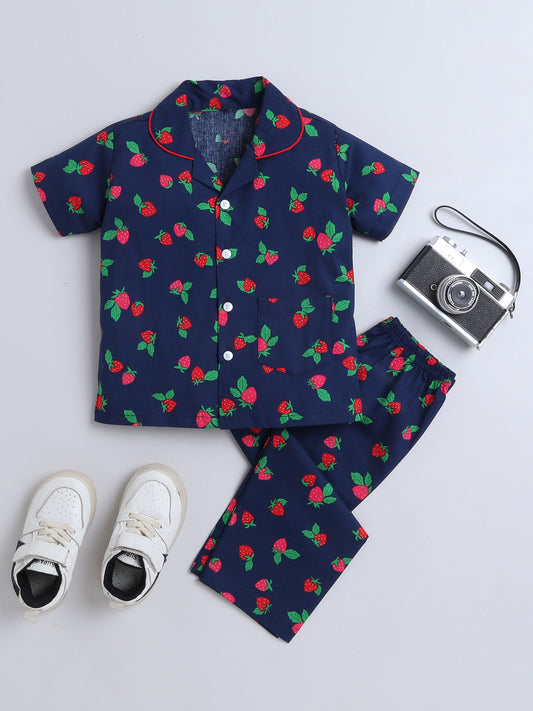 Half Sleeves Cherry Printed Night Suit Set Navy Blue