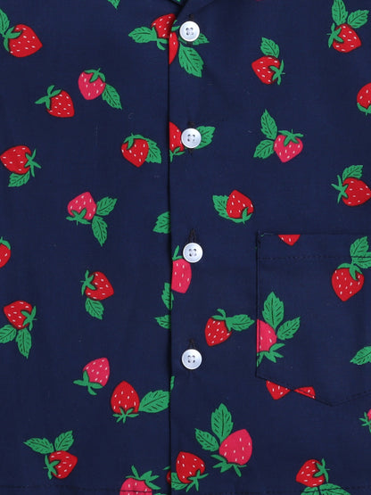 Half Sleeves Cherry Printed Night Suit Set Navy Blue