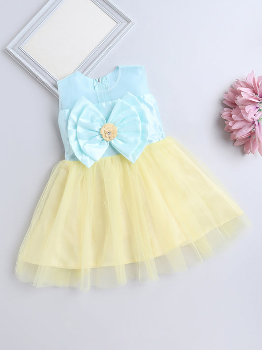 Sleeveless Big Bow Embelished Net Party Dress Yellow