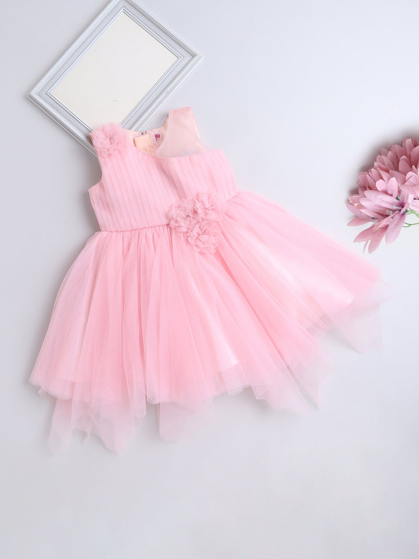Sleeveless Floral Embroidered & Corsage Layered Net Party Dress - Pink