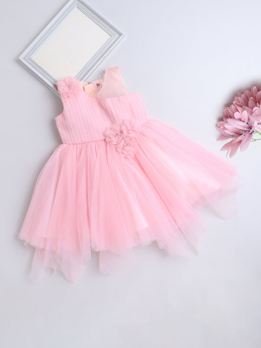 Sleeveless Floral Embroidered & Corsage Layered Net Party Dress - Pink