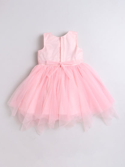 Sleeveless Floral Embroidered & Corsage Layered Net Party Dress - Pink