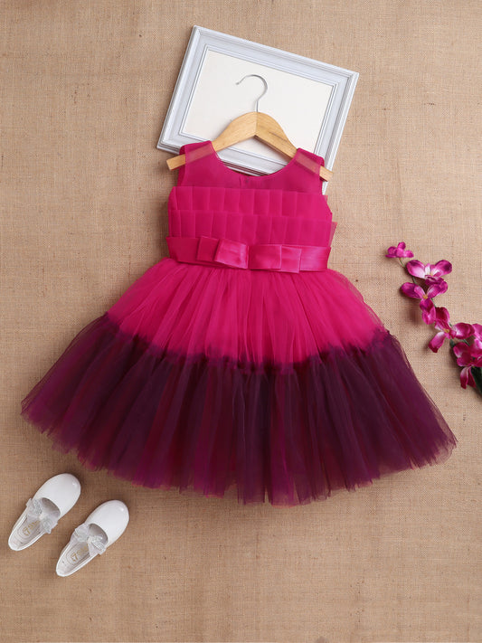 Sleeveless Net Bouquet Yoke Frill Bottom Dress For Girls Fuchsia