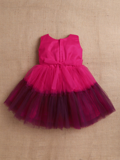 Sleeveless Net Bouquet Yoke Frill Bottom Dress For Girls Fuchsia