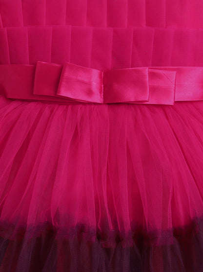 Sleeveless Net Bouquet Yoke Frill Bottom Dress For Girls Fuchsia