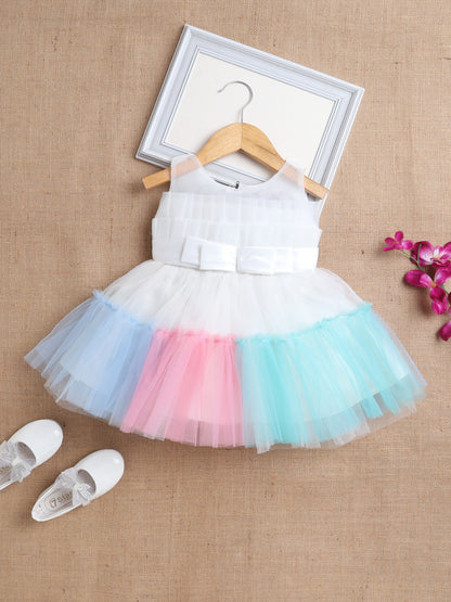 Sleeveless Net Bouquet Yoke Frill Bottom Dress For Girls White