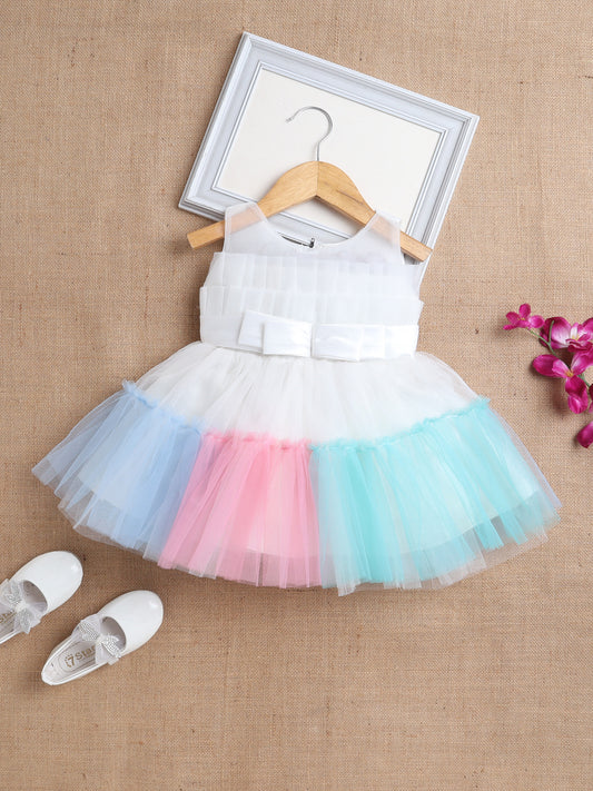 Sleeveless Net Bouquet Yoke Frill Bottom Dress For Girls White