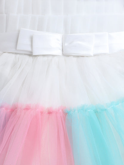 Sleeveless Net Bouquet Yoke Frill Bottom Dress For Girls White