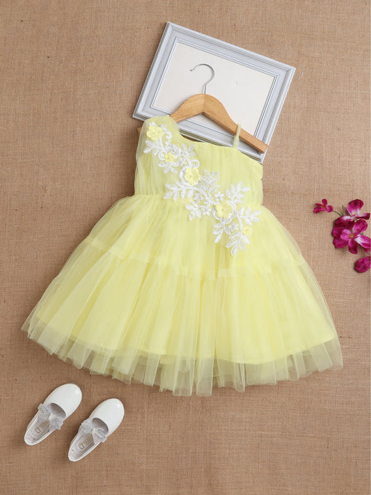 Sleeveless Net Flower Embroidered Patch Dress Dress For Girls Yellow