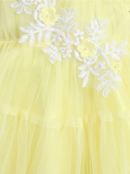 Sleeveless Net Flower Embroidered Patch Dress Dress For Girls Yellow