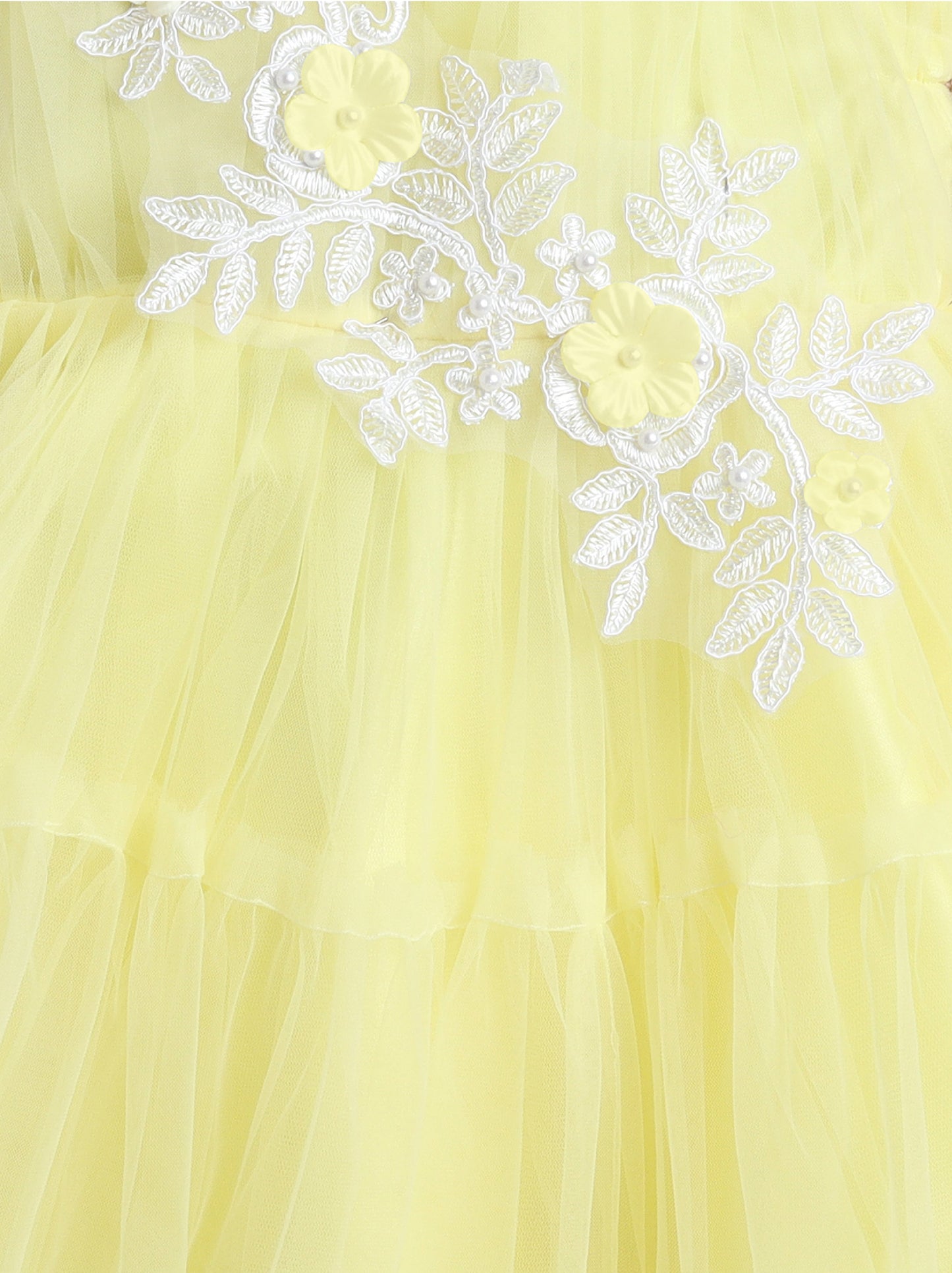 Sleeveless Net Flower Embroidered Patch Dress - Yellow