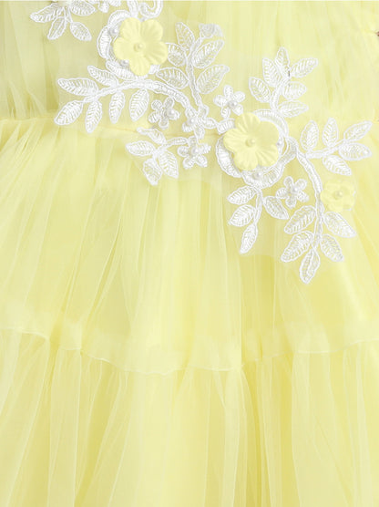 Sleeveless Net Flower Embroidered Patch Dress - Yellow