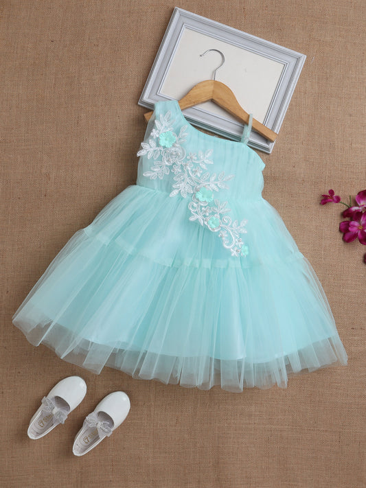 Sleeveless Net Flower Embroidered Patch Dress Dress For Girls - Blue