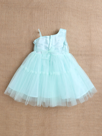 Sleeveless Net Flower Embroidered Patch Dress Dress For Girls - Blue