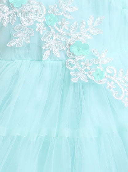 Sleeveless Net Flower Embroidered Patch Dress Dress For Girls - Blue