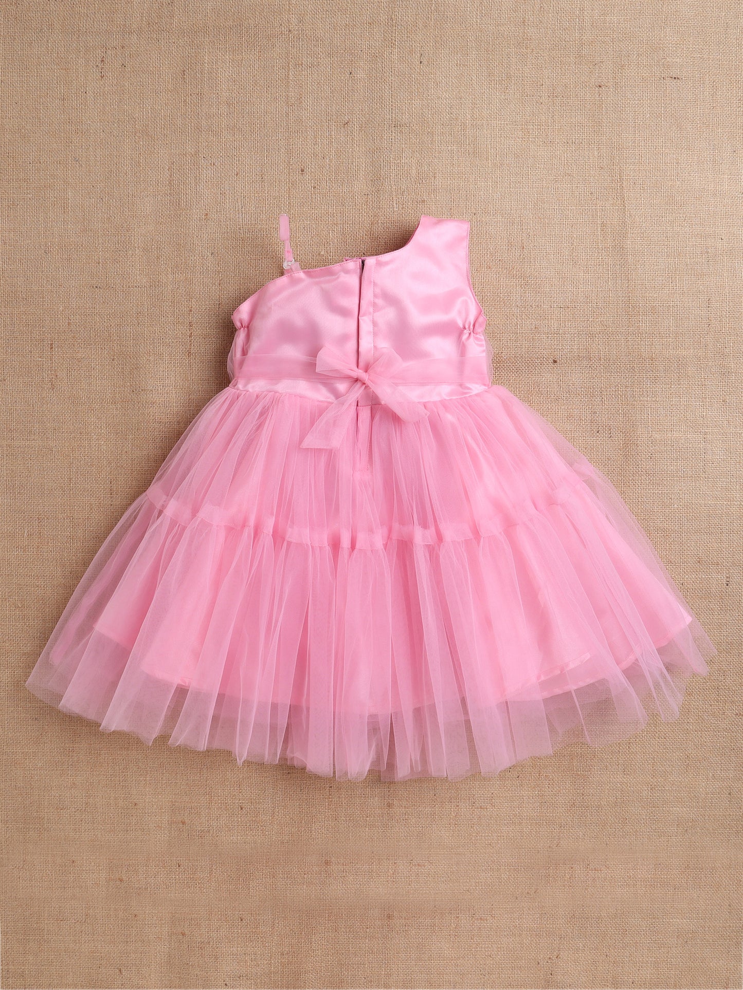 Sleeveless Net Flower Embroidered Patch Dress Dress For Girls- Pink