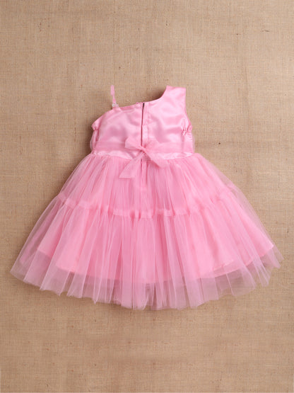 Sleeveless Net Flower Embroidered Patch Dress Dress For Girls- Pink