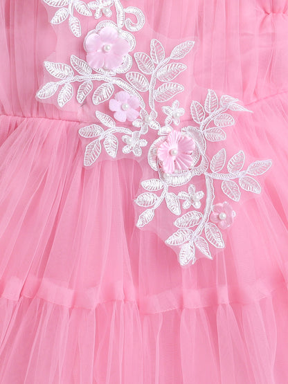 Sleeveless Net Flower Embroidered Patch Dress Dress For Girls- Pink