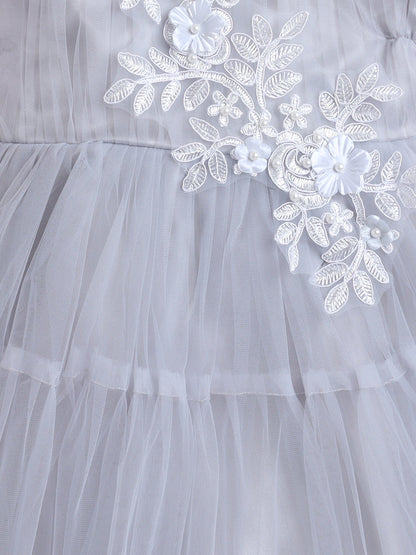 Sleeveless Net Flower Embroidered Patch Dress - Grey