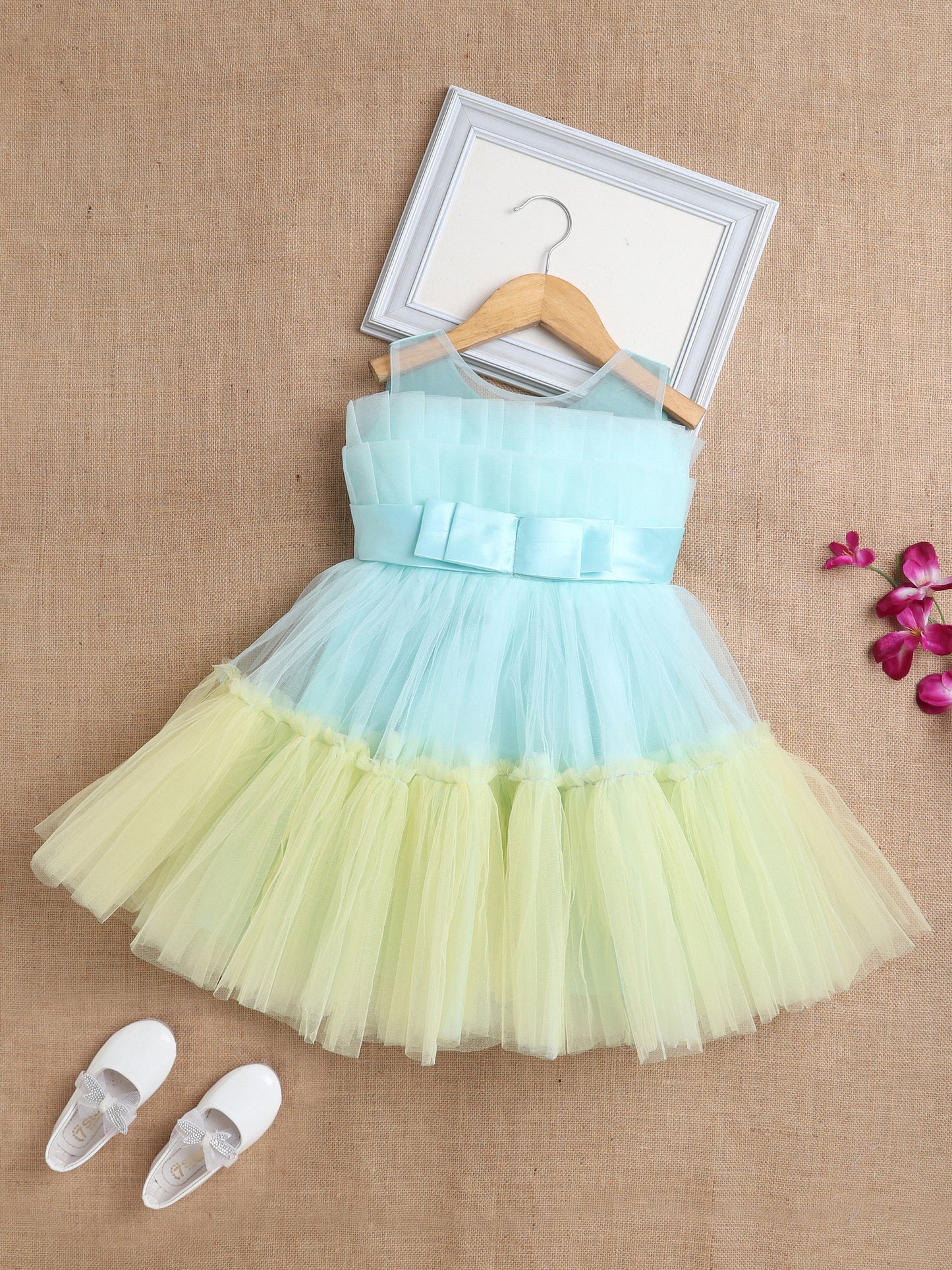 Sleeveless Net Bouquet Yoke Frill Bottom Dress For Girls - Aqua