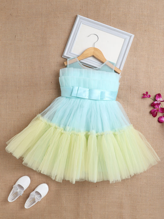 Sleeveless Net Bouquet Yoke Frill Bottom Dress For Girls - Aqua