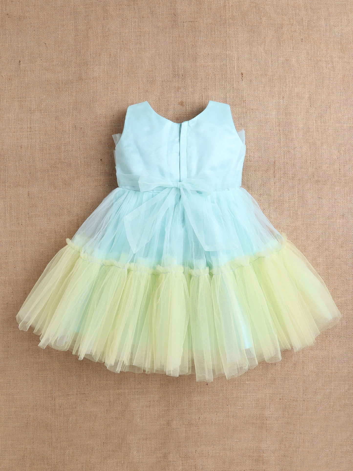 Sleeveless Net Bouquet Yoke Frill Bottom Dress For Girls - Aqua